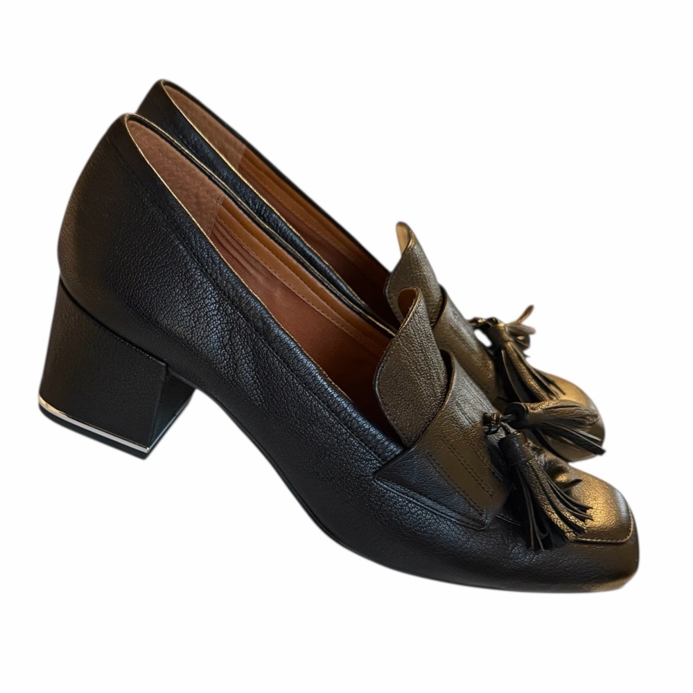 Franco Sarto Black Leather Block Heel Loafers with tassels and silver . Size 9.5